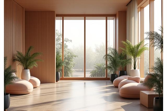 Wagashi Pet Suitesの豪華な受付エリア、日本のミニマリズムと現代的な快適さが融合