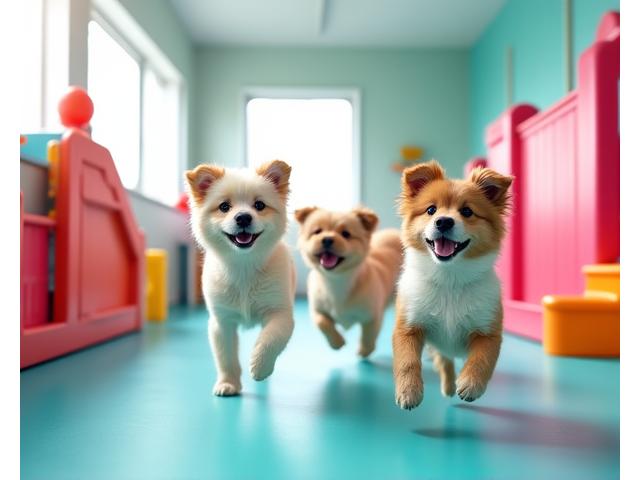 Wagashi Pet Suitesの広々としたプレイエリアで遊ぶ幸せな犬たち
