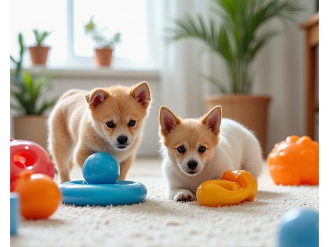 インタラクティブなおもちゃで楽しく遊ぶ小型犬たち