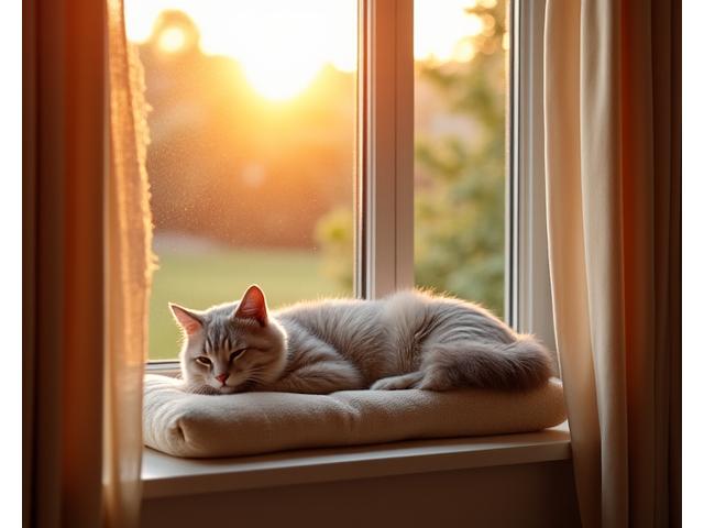 日当たりの良い窓辺でくつろぐ猫、プライベートスイートの一角