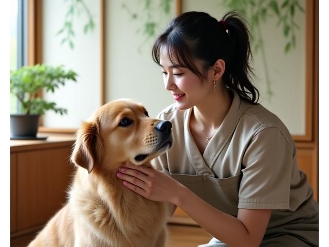 和の雰囲気の空間で優しく犬を撫でるスタッフ