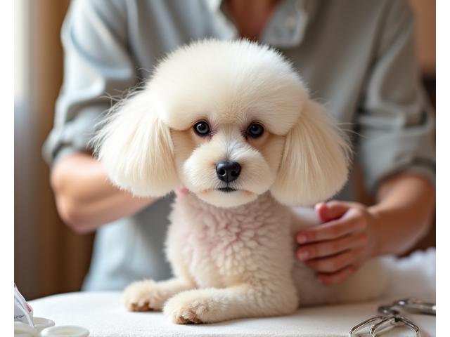 優しくグルーミングされる犬